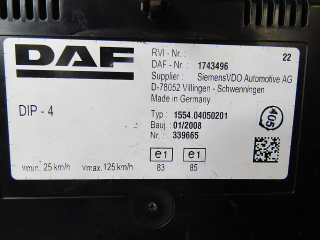 DAF XF 105 CLOCK CLUSTER P/NO 1743496 - Electrical system for Truck: picture 2 DAF XF 105 CLOCK CLUSTER P/NO 1743496 - Electrical system for Truck: picture 2