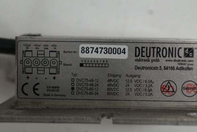 Jungheinrich 51030952 | Transformer 80V-12V DC Deutronic EFG425 year 2004 sn. 88 Transformer 80V-12V DC Deutronic EFG425 year 2004 sn. 8874730004 - Electrical system for Material handling equipment: picture 2 Jungheinrich 51030952 | Transformer 80V-12V DC Deutronic EFG425 year 2004 sn. 88 Transformer 80V-12V DC Deutronic EFG425 year 2004 sn. 8874730004 - Electrical system for Material handling equipment: picture 2