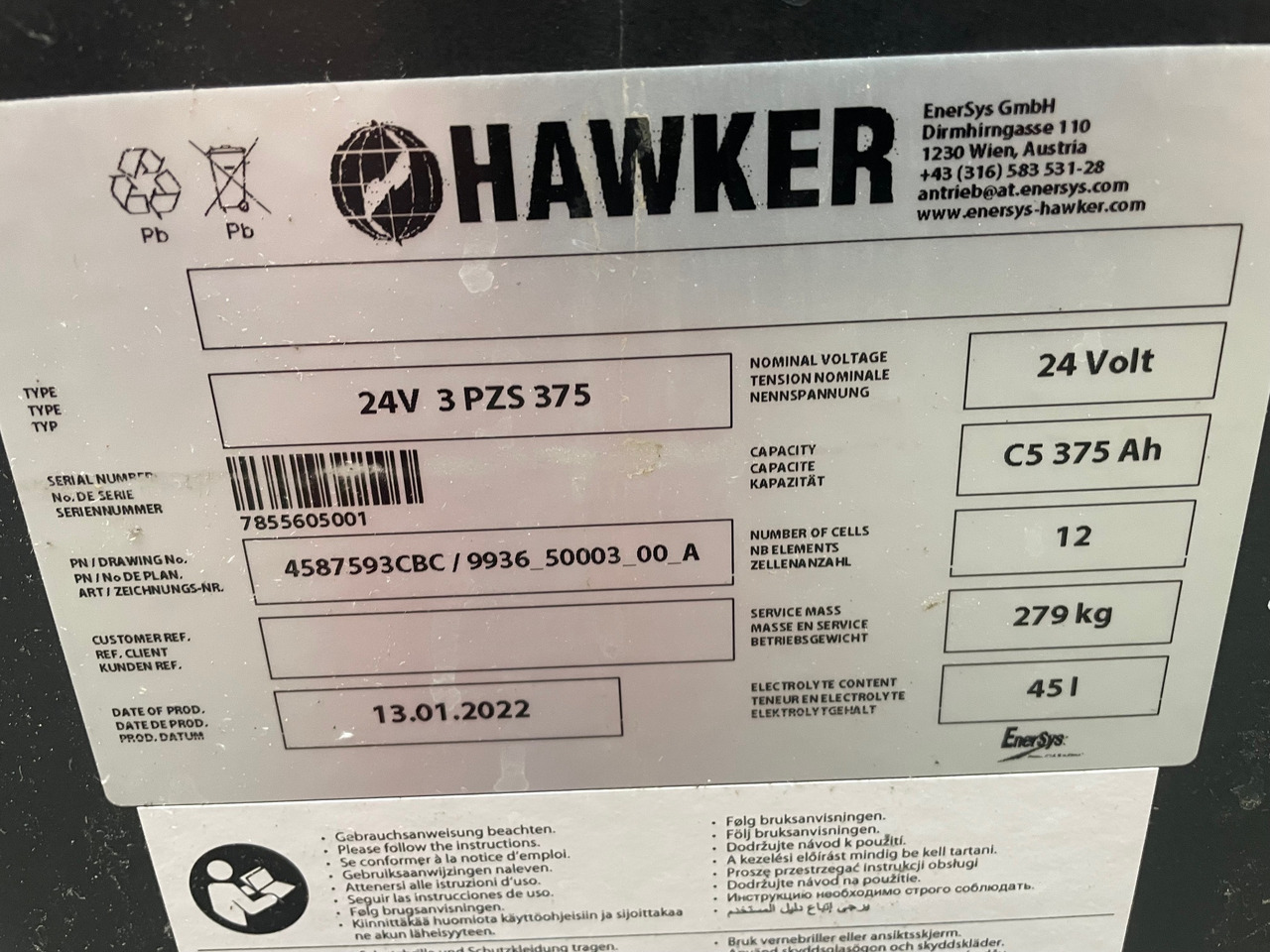 Hawker 24 Volt I 3 PZS 375 - Battery for Material handling equipment: picture 2 Hawker 24 Volt I 3 PZS 375 - Battery for Material handling equipment: picture 2