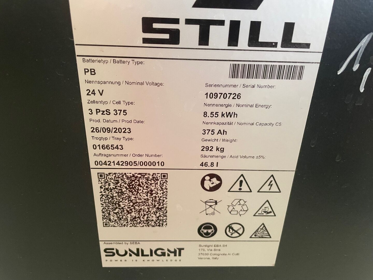 Sunlight I 24 Volt I 3 PzS 375 - Battery for Material handling equipment: picture 2 Sunlight I 24 Volt I 3 PzS 375 - Battery for Material handling equipment: picture 2