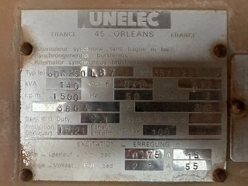 Generator set Alsthom V102 unelec 140 kVA generatorset ex Emergency Noodstroom Aggregaat: picture 13 Generator set Alsthom V102 unelec 140 kVA generatorset ex Emergency Noodstroom Aggregaat: picture 13