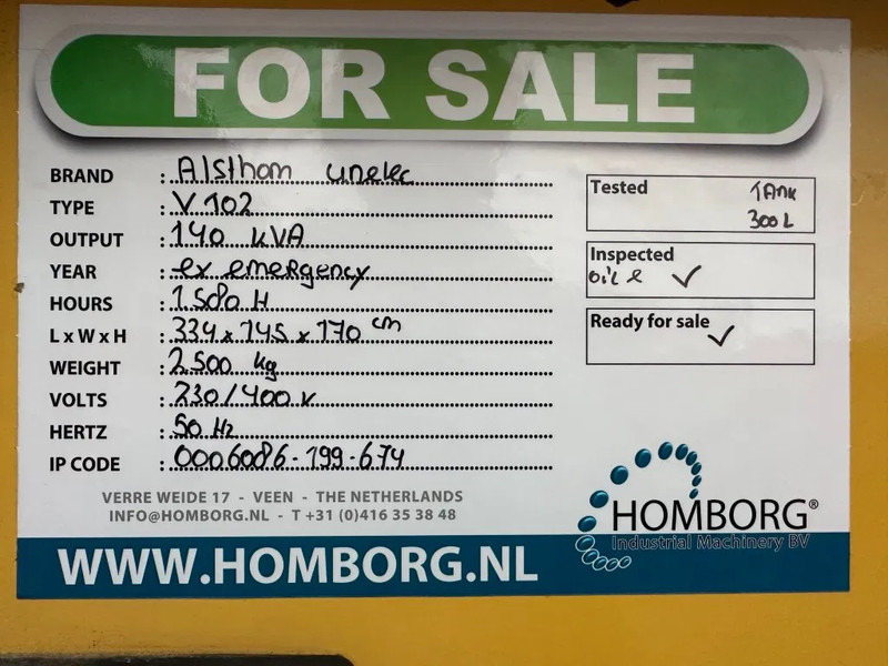 Generator set Alsthom V102 unelec 140 kVA generatorset ex Emergency Noodstroom Aggregaat: picture 15 Generator set Alsthom V102 unelec 140 kVA generatorset ex Emergency Noodstroom Aggregaat: picture 15