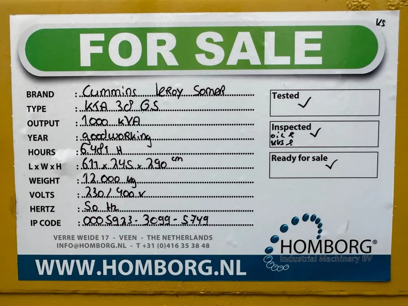 Generator set Cummins KTA 38 G5 Leroy Somer 1000 kVA Silent generatorset in container: picture 16 Generator set Cummins KTA 38 G5 Leroy Somer 1000 kVA Silent generatorset in container: picture 16