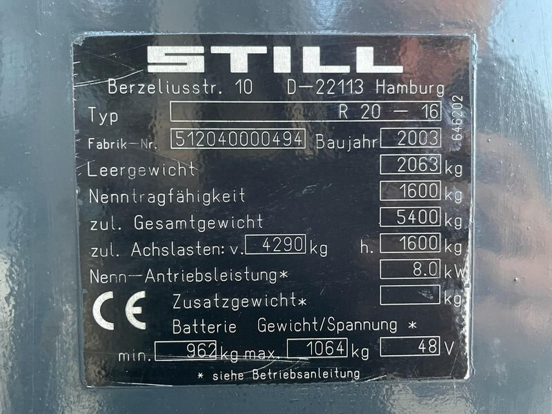 Still R20-16 Elektra 1.6 ton Triplex Freelift Sideshift Heftruck - Electric forklift: picture 3 Still R20-16 Elektra 1.6 ton Triplex Freelift Sideshift Heftruck - Electric forklift: picture 3