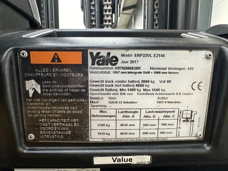 Electric forklift Yale ERP22VL 2.2 ton Triplex Freelift Sideshift Elektra Heftruck Accu 2022: picture 5