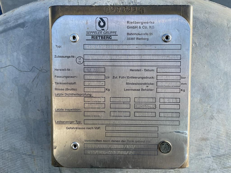 Dieseltank Rietberg 1000 liter Dieseltank Gegalvaniseerd IBC met keuring ! - Storage tank: picture 3 Dieseltank Rietberg 1000 liter Dieseltank Gegalvaniseerd IBC met keuring ! - Storage tank: picture 3